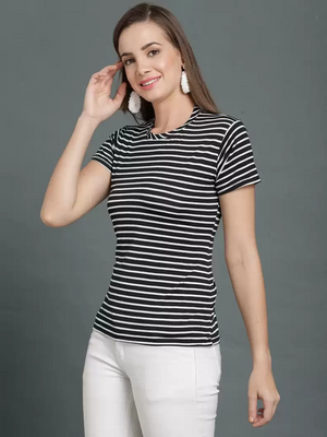 TANDUL  Striped Women Round Neck White, Black T-Shirt