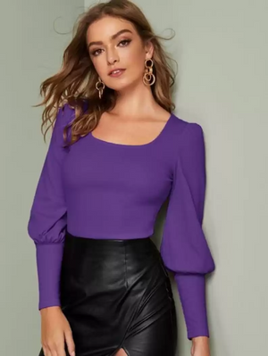 TANDUL  Casual Puff Sleeves Solid Women Purple Top