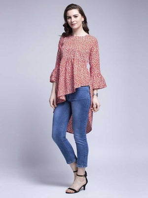 Casual Bell Sleeves Printed Women Orange Top