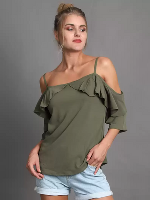TANDUL  Casual Cold Shoulder Sleeves Solid Women Green Top