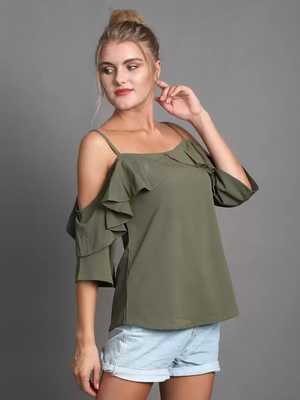 TANDUL  Casual Cold Shoulder Sleeves Solid Women Green Top