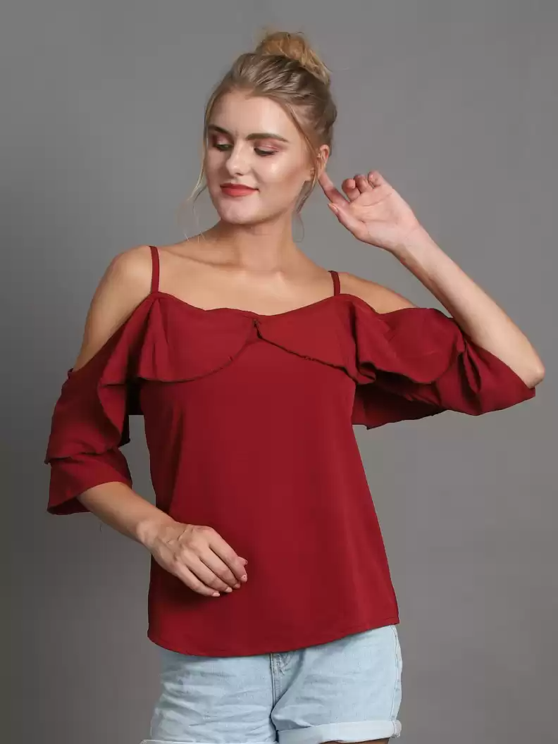 TANDUL  Casual Cold Shoulder Sleeves Solid Women Maroon Top