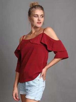 TANDUL  Casual Cold Shoulder Sleeves Solid Women Maroon Top