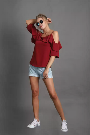 TANDUL  Casual Cold Shoulder Sleeves Solid Women Maroon Top