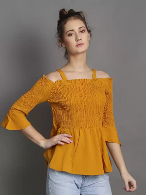 TANDUL  Casual Regular Sleeves Solid Women Yellow Top