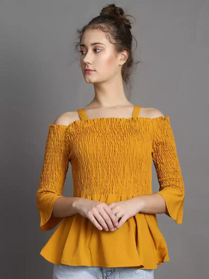 TANDUL  Casual Regular Sleeves Solid Women Yellow Top