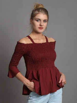 Casual Regular Sleeves Solid Women Maroon Top