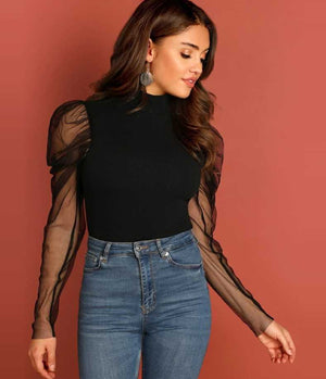Casual Puff Sleeves Solid Women Black Top