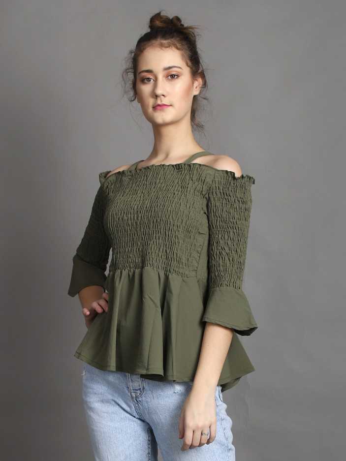 Casual Regular Sleeves Solid Women Green Top
