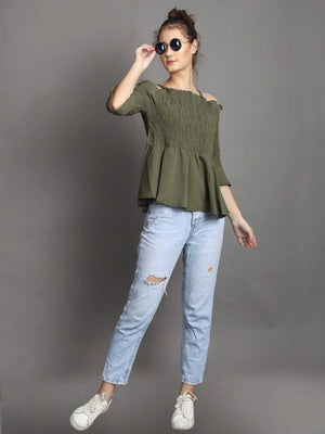 Casual Regular Sleeves Solid Women Green Top