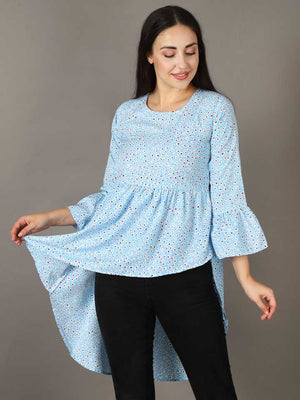 Casual Bell Sleeves Printed Women Blue Top