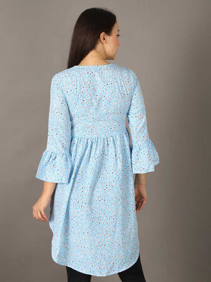 Casual Bell Sleeves Printed Women Blue Top