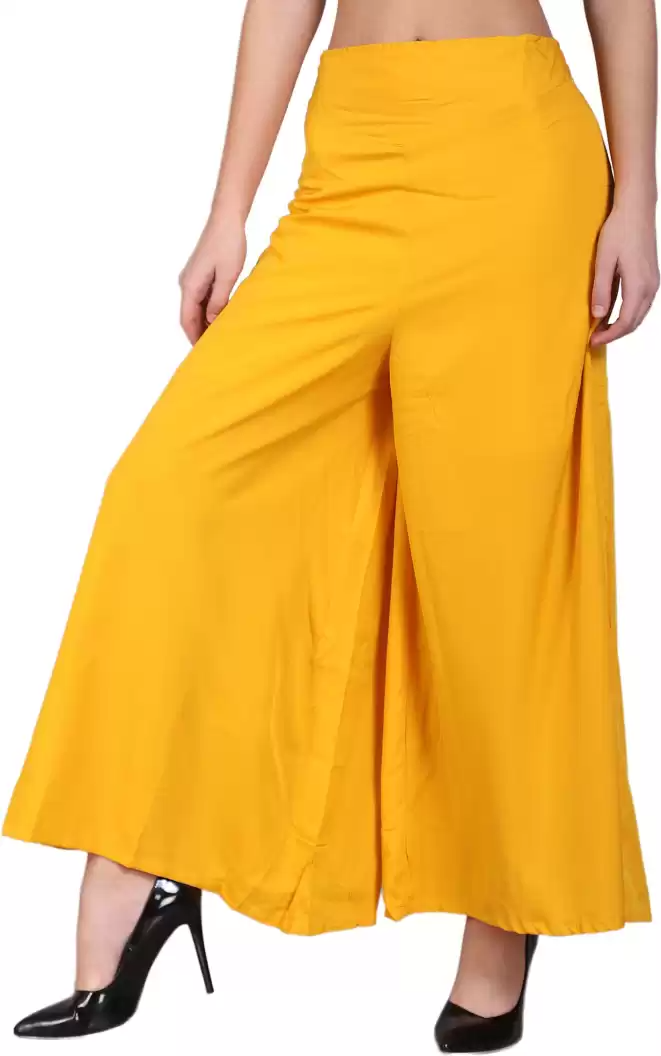 TANDUL  Flared Women Yellow Crepe Trousers