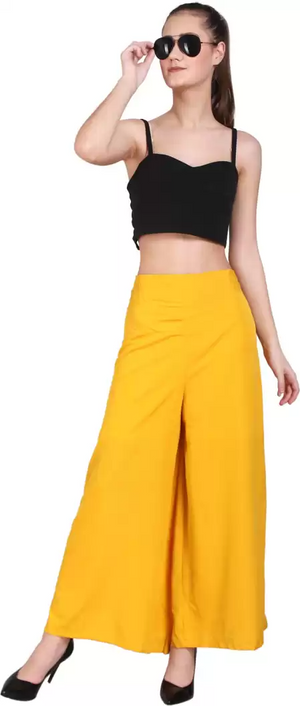 TANDUL  Flared Women Yellow Crepe Trousers
