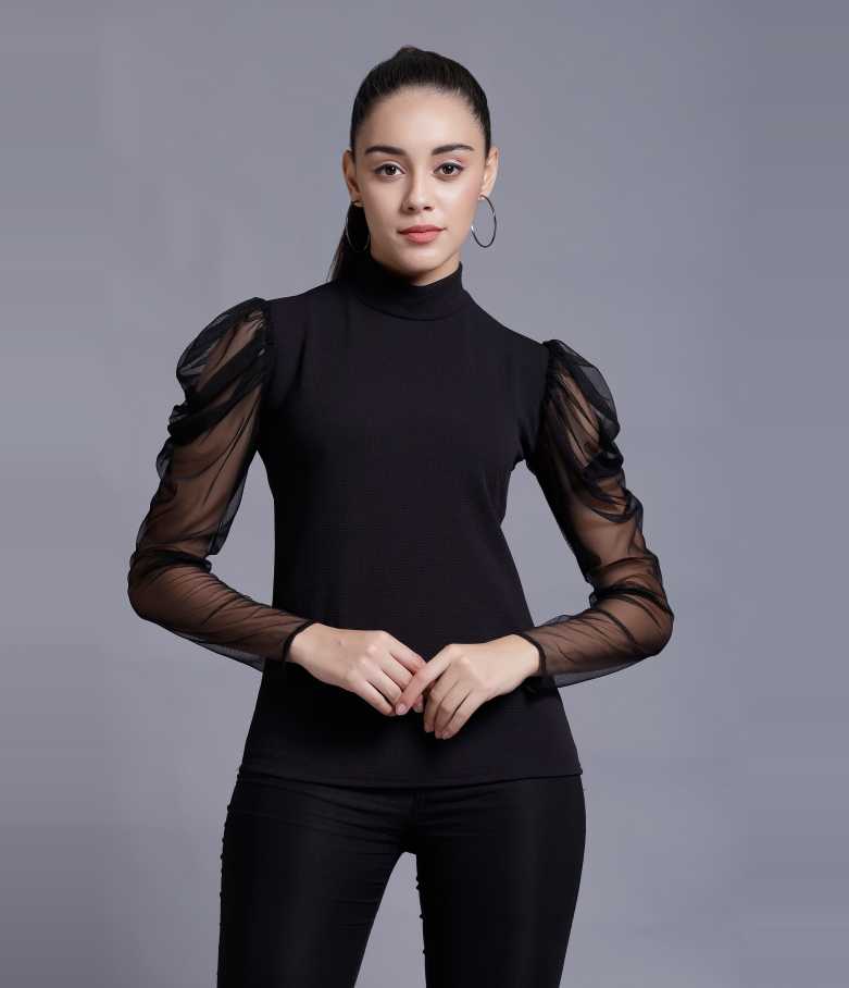 Casual Puff Sleeves Self Design, Solid Women Black Top