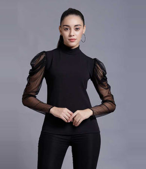 Casual Puff Sleeves Self Design, Solid Women Black Top
