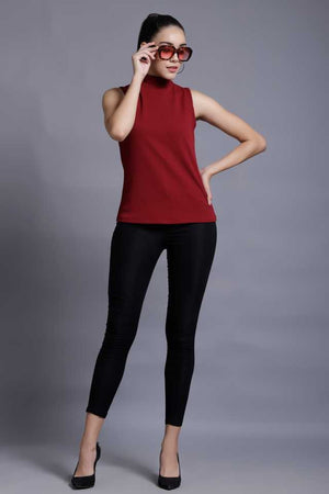 TANDUL  Casual Sleeveless Solid Women Maroon Top