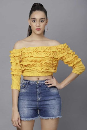 TANDUL  Casual Regular Sleeves Solid Women Yellow Top