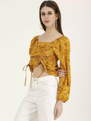 TANDUL  Casual Balloon Sleeve Printed Women Yellow Top