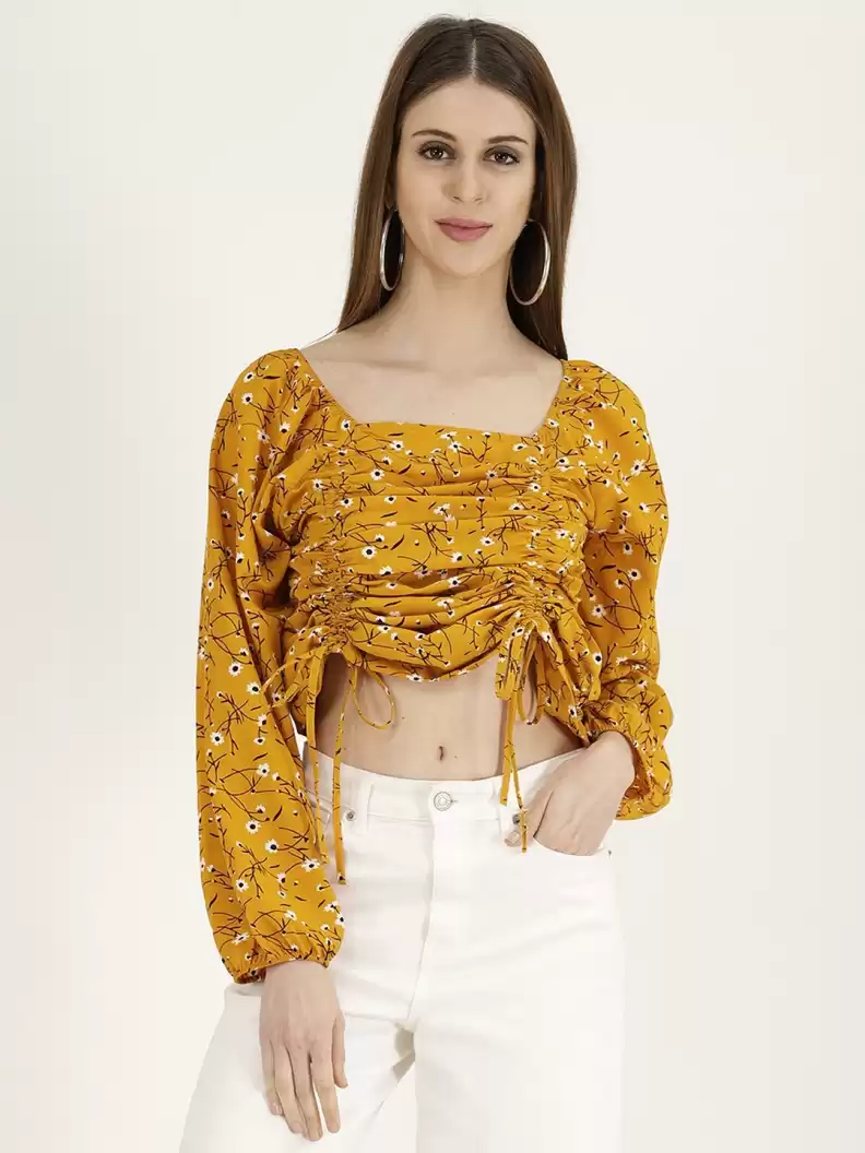 TANDUL  Casual Balloon Sleeve Printed Women Yellow Top