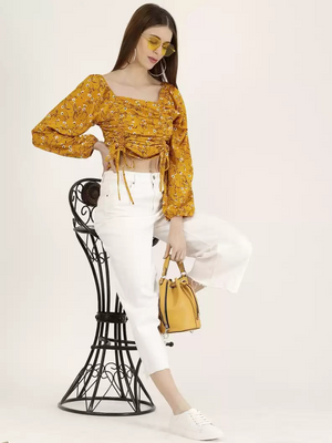 TANDUL  Casual Balloon Sleeve Printed Women Yellow Top