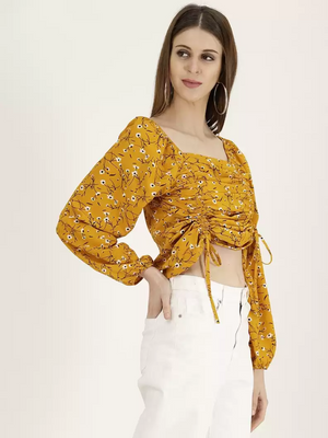 TANDUL  Casual Balloon Sleeve Printed Women Yellow Top