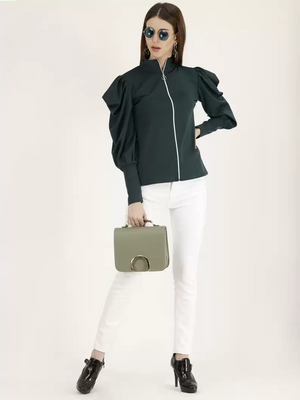 TANDUL  Casual Cuffed Sleeves Solid Women Dark Green Top
