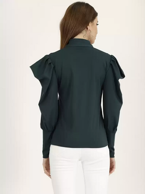 TANDUL  Casual Cuffed Sleeves Solid Women Dark Green Top