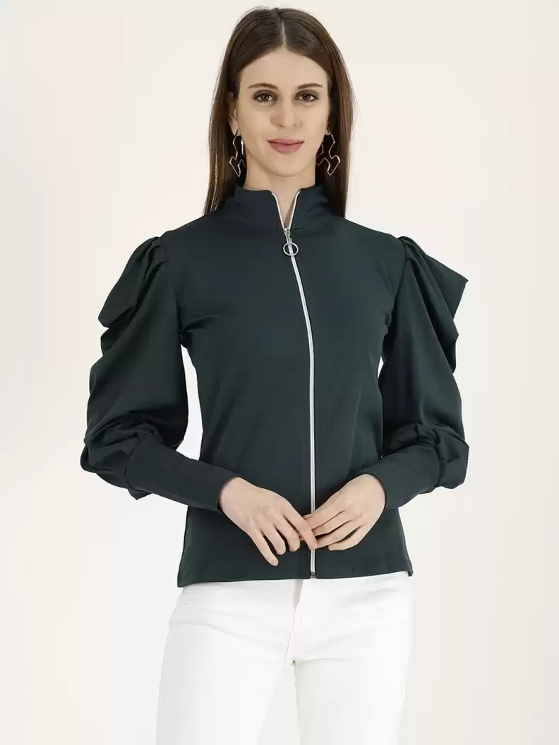 TANDUL  Casual Cuffed Sleeves Solid Women Dark Green Top
