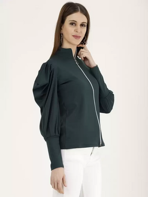 TANDUL  Casual Cuffed Sleeves Solid Women Dark Green Top