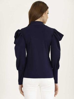 Casual Cuffed Sleeves Solid Women Dark Blue Top