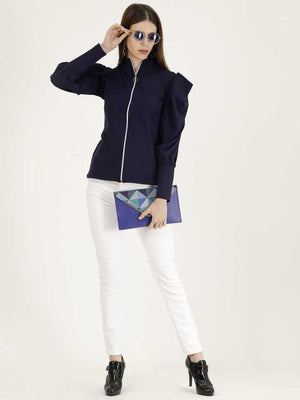 Casual Cuffed Sleeves Solid Women Dark Blue Top