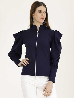 Casual Cuffed Sleeves Solid Women Dark Blue Top