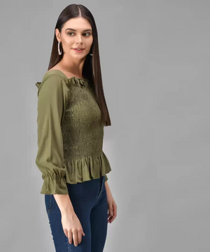 TANDUL  Casual Regular Sleeves Solid Women Green Top