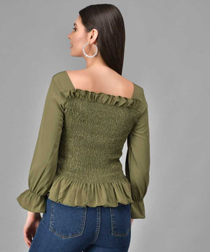 Casual Regular Sleeves Solid Women Green Top