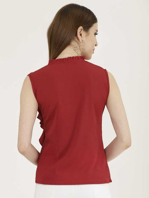 Casual Sleeveless Solid Women Maroon Top