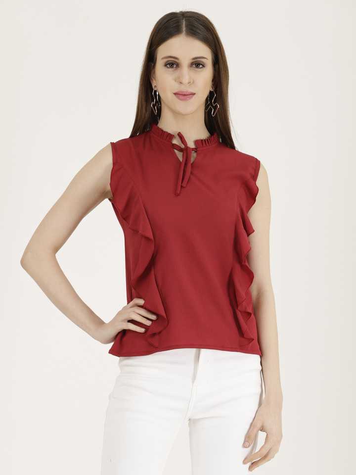 Casual Sleeveless Solid Women Maroon Top