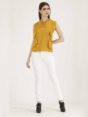 TANDUL  Casual Sleeveless Solid Women Yellow Top