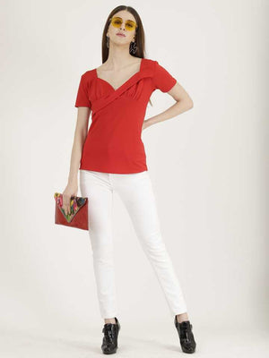 Casual Regular Sleeves Solid Women Red Top