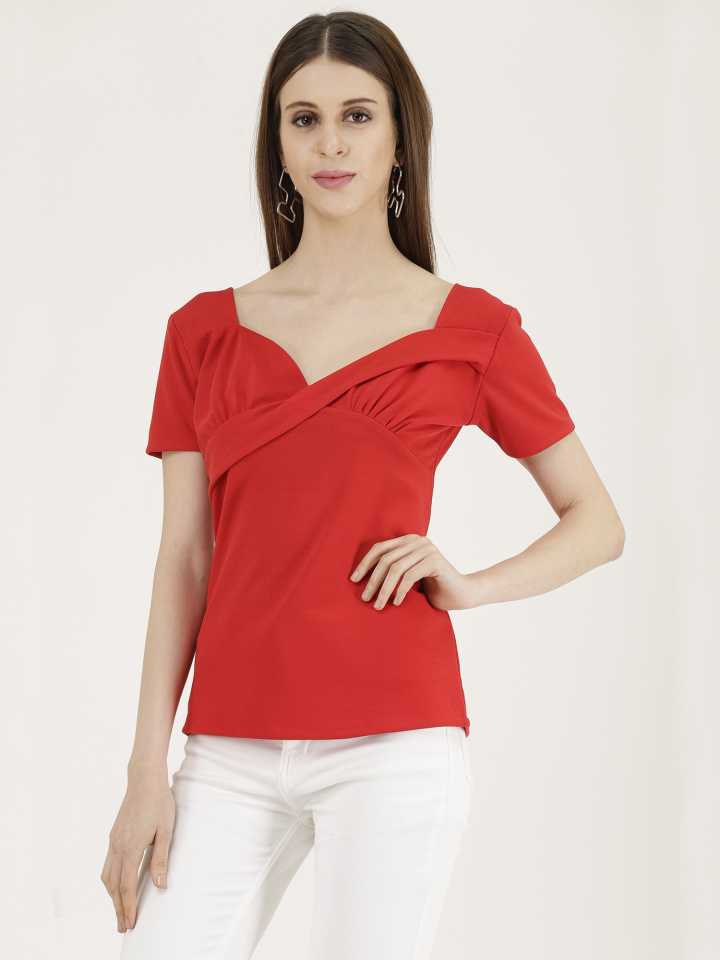 Casual Regular Sleeves Solid Women Red Top