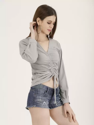 TANDUL  Casual Regular Sleeves Solid Women Grey Top
