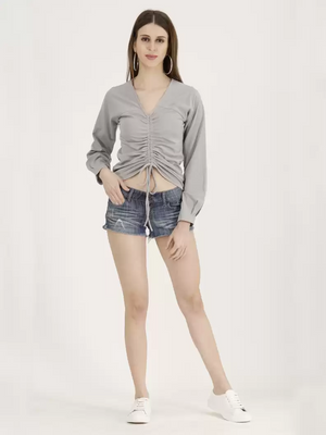 TANDUL  Casual Regular Sleeves Solid Women Grey Top