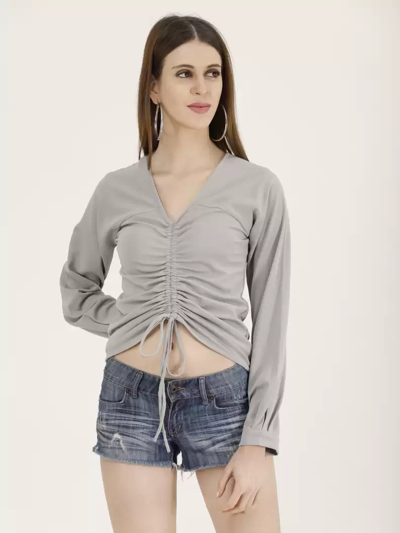 TANDUL  Casual Regular Sleeves Solid Women Grey Top