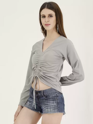 TANDUL  Casual Regular Sleeves Solid Women Grey Top
