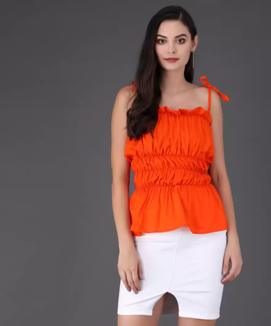 TANDUL  Casual Sleeveless Solid Women Orange Top