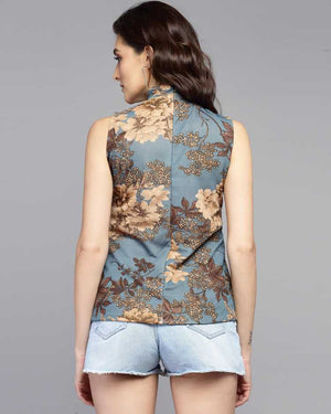 Casual Sleeveless Printed Women Grey, Gold Top