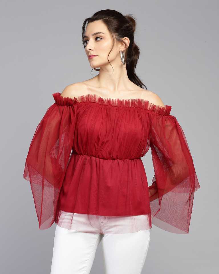 TANDUL  Casual Shoulder Straps Solid Women Maroon Top