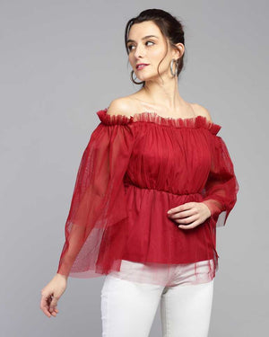 TANDUL  Casual Shoulder Straps Solid Women Maroon Top