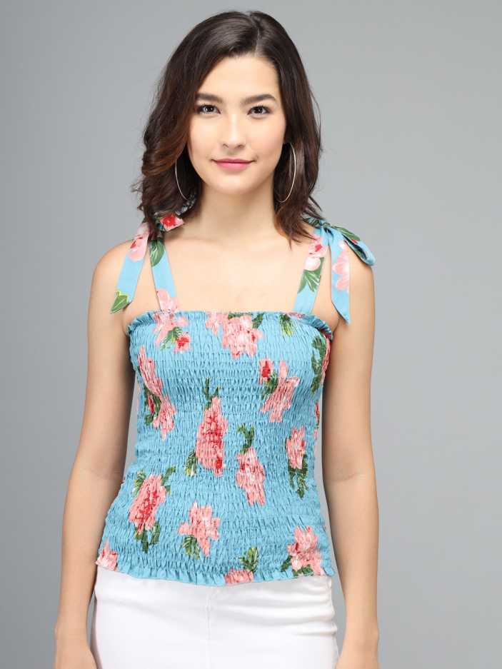 Casual Shoulder Straps Floral Print Women Light Blue Top