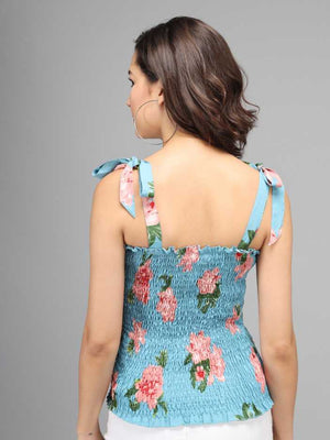 Casual Shoulder Straps Floral Print Women Light Blue Top